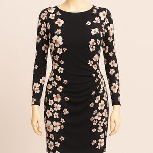 Ralph Lauren Black Floral Ruched Sheath Dress Long Sleeve Size 12